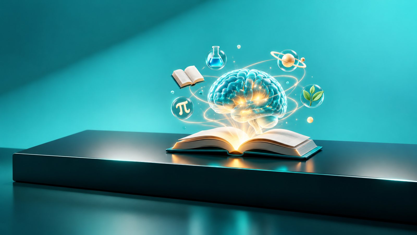 A glowing brain rising from an open book, ringed by science and maths symbols, on a plinth in a teal studio. Illustrative image for Curio Nova Brainery
